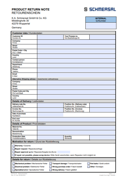 Schmersal general product return note Return slip