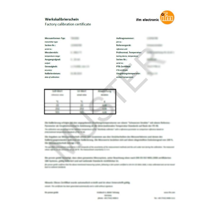 IFM Werkskalibrierschein für Infrarot-Temp. Factory calibration certificate for infrared temperature sensors